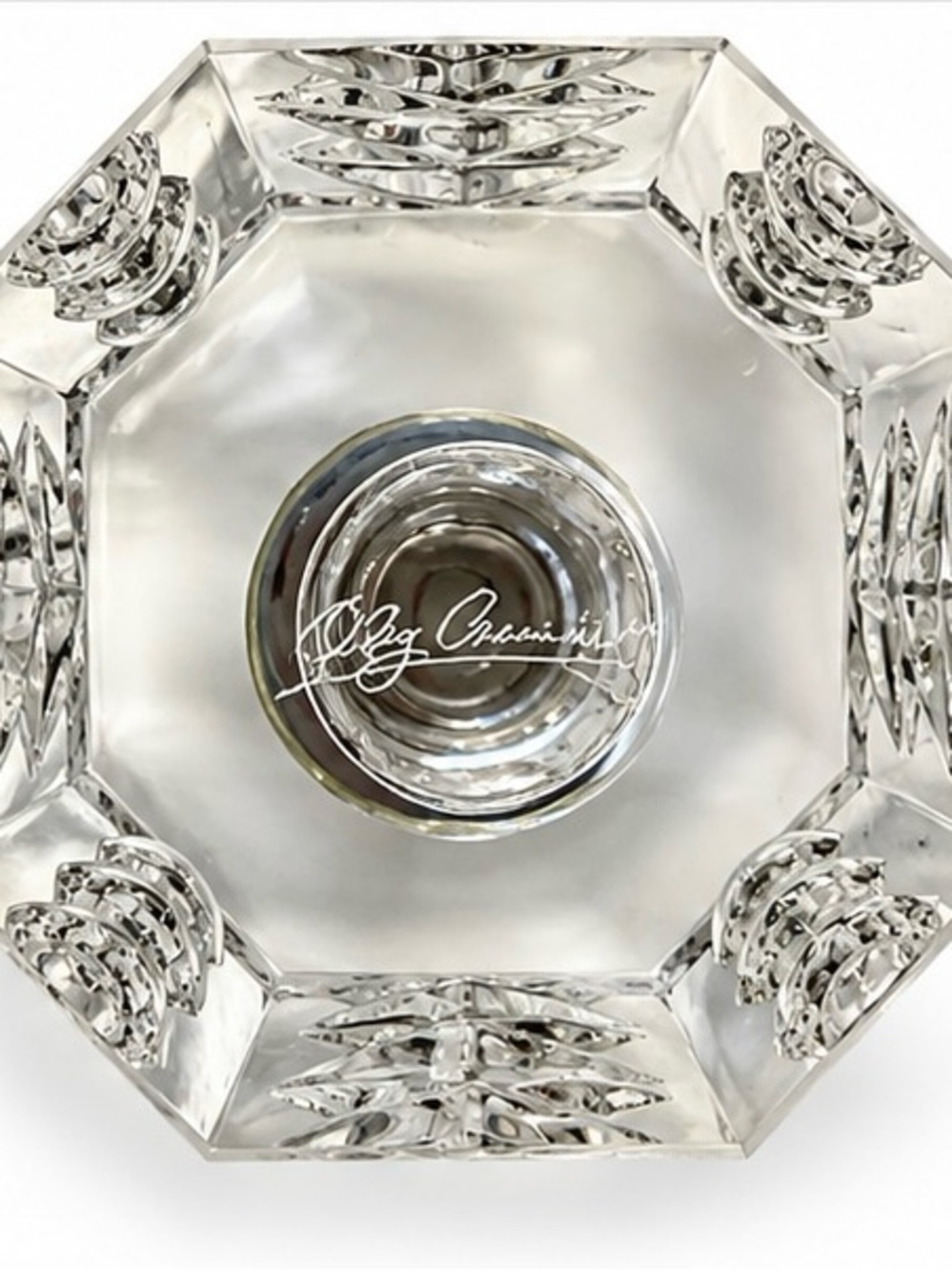 Oleg Cassini Signed Leaded Crystal Cut Glass Carved Perfume Bottle 4" Empty - Picture 5 of 6